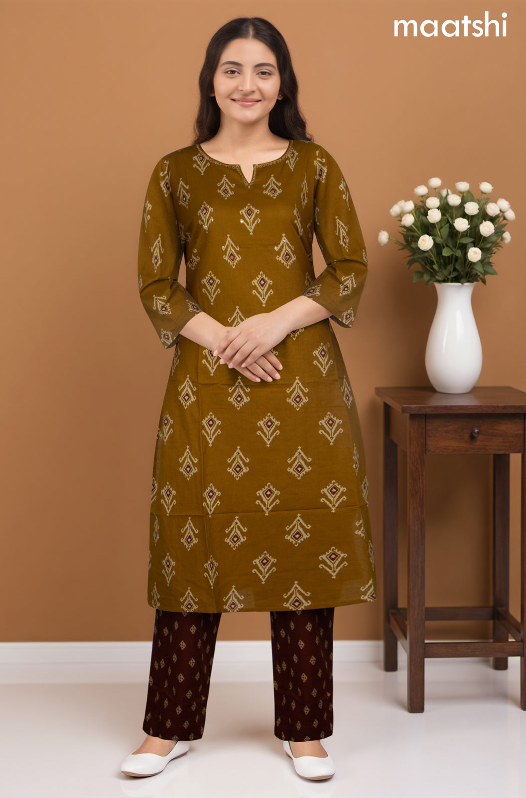 Cotton salwar suit mustard shade and maroon with ikat butta weaves & mirror work neck pattern and straight cut pant & dupatta