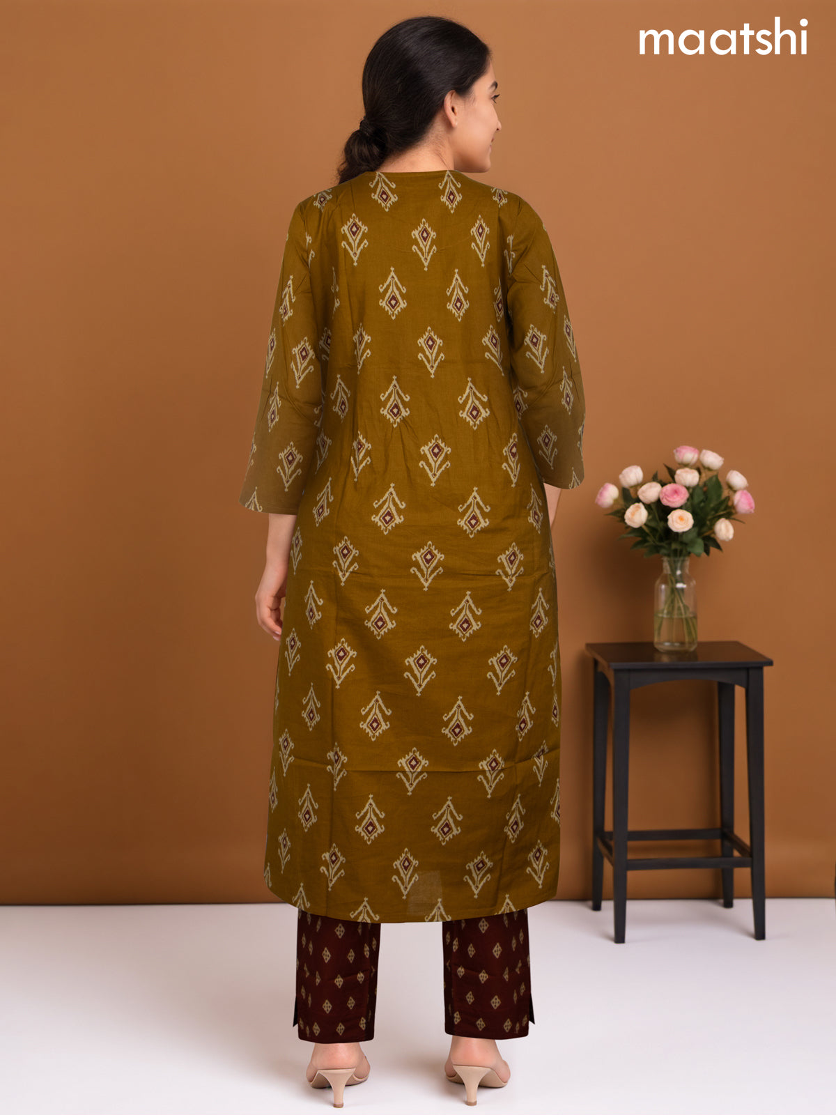 Cotton salwar suit mustard shade and maroon with ikat butta weaves & mirror work neck pattern and straight cut pant & dupatta