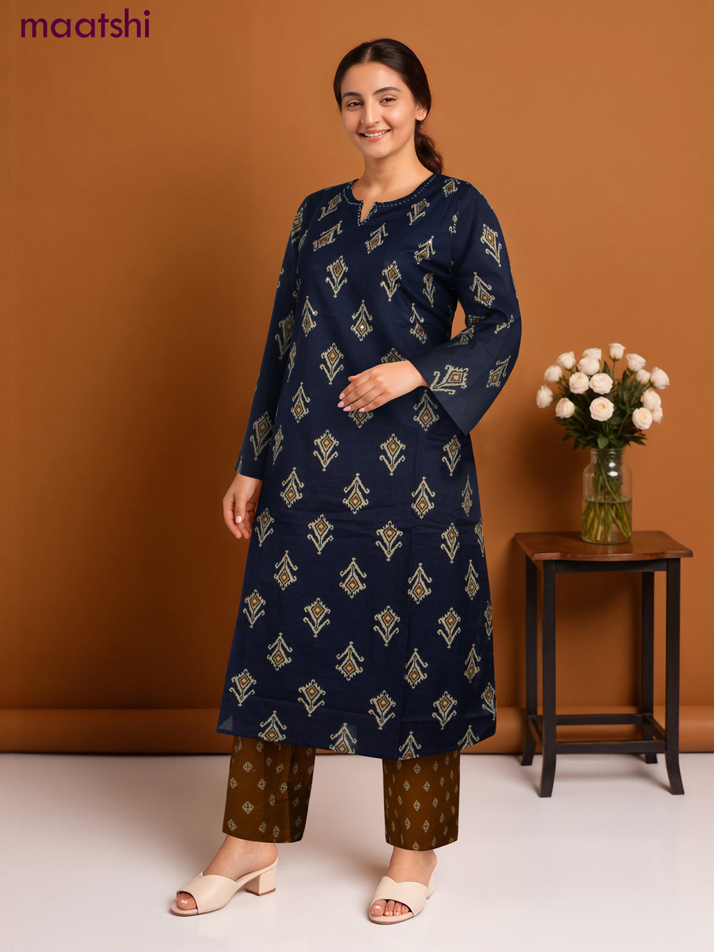 Cotton salwar suit navy blue and mustard shade with ikat butta weaves & mirror work neck pattern and straight cut pant & dupatta