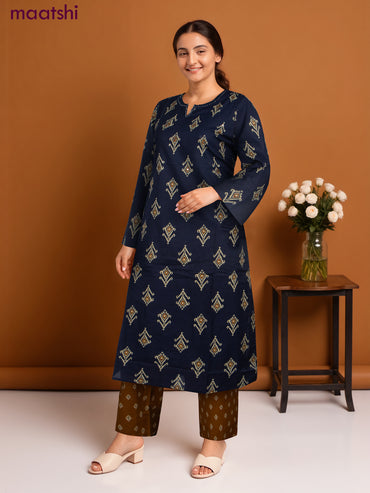 Cotton salwar suit navy blue and mustard shade with ikat butta weaves & mirror work neck pattern and straight cut pant & dupatta