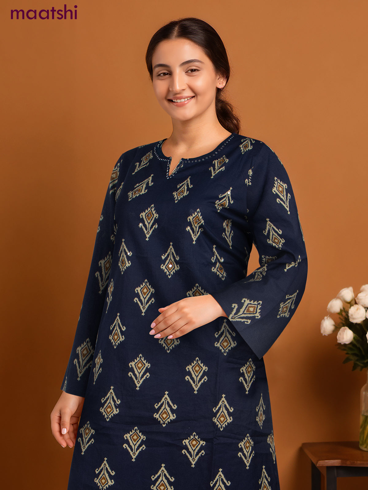 Cotton salwar suit navy blue and mustard shade with ikat butta weaves & mirror work neck pattern and straight cut pant & dupatta