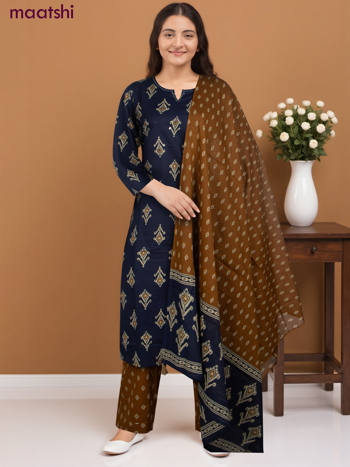 Cotton salwar suit navy blue and mustard shade with ikat butta weaves & mirror work neck pattern and straight cut pant & dupatta