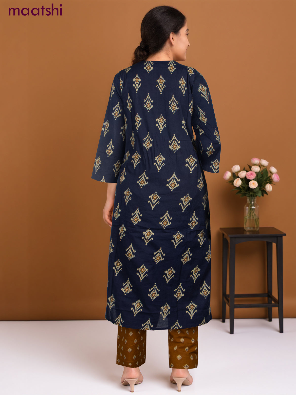 Cotton salwar suit navy blue and mustard shade with ikat butta weaves & mirror work neck pattern and straight cut pant & dupatta