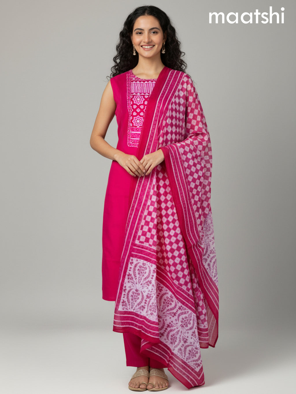 Pink Cotton Ajrakh Printed Neck Pattern Straight Suit