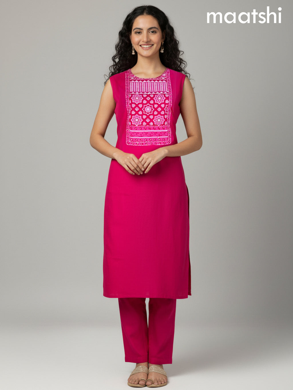 Pink Cotton Ajrakh Printed Neck Pattern Straight Suit