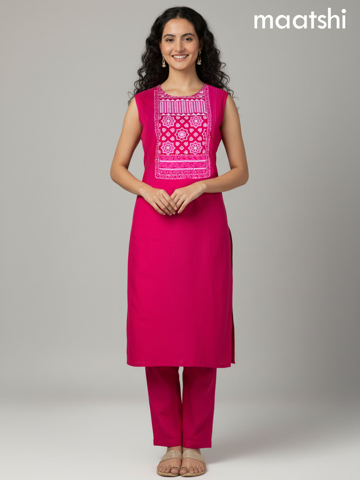 Pink Cotton Ajrakh Printed Neck Pattern Straight Suit