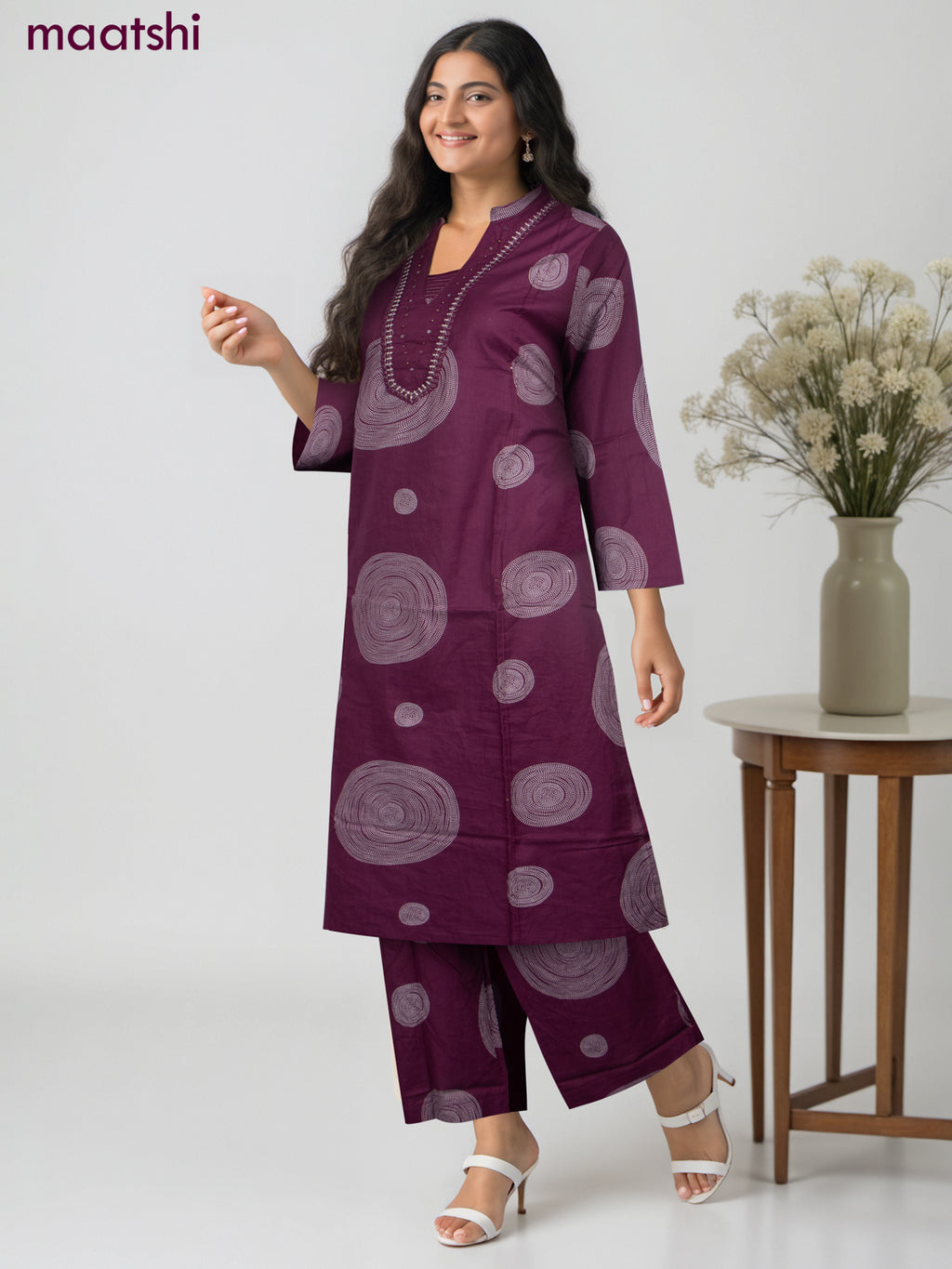Cotton salwar suit dark magenta with prints & embroidery mirror work neck pattern and palazzo pant & dupatta