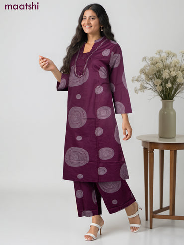 Cotton salwar suit dark magenta with prints & embroidery mirror work neck pattern and straight cut pant & dupatta