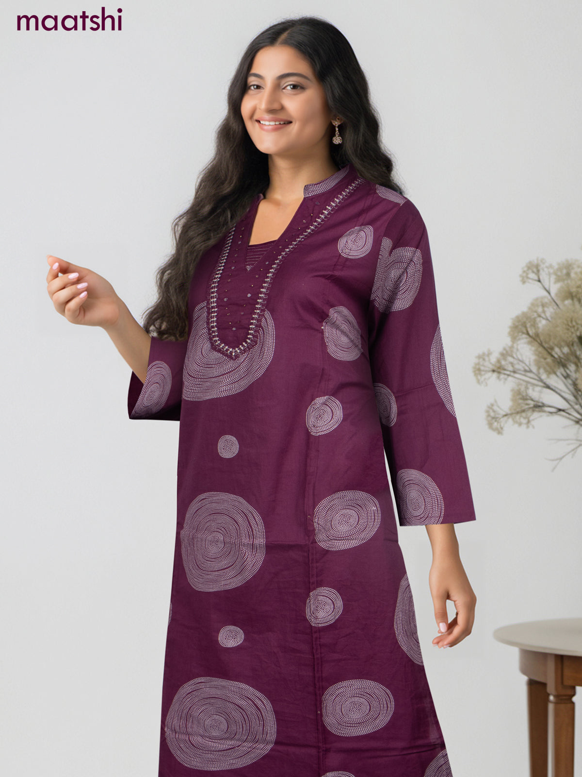 Cotton salwar suit dark magenta with prints & embroidery mirror work neck pattern and straight cut pant & dupatta