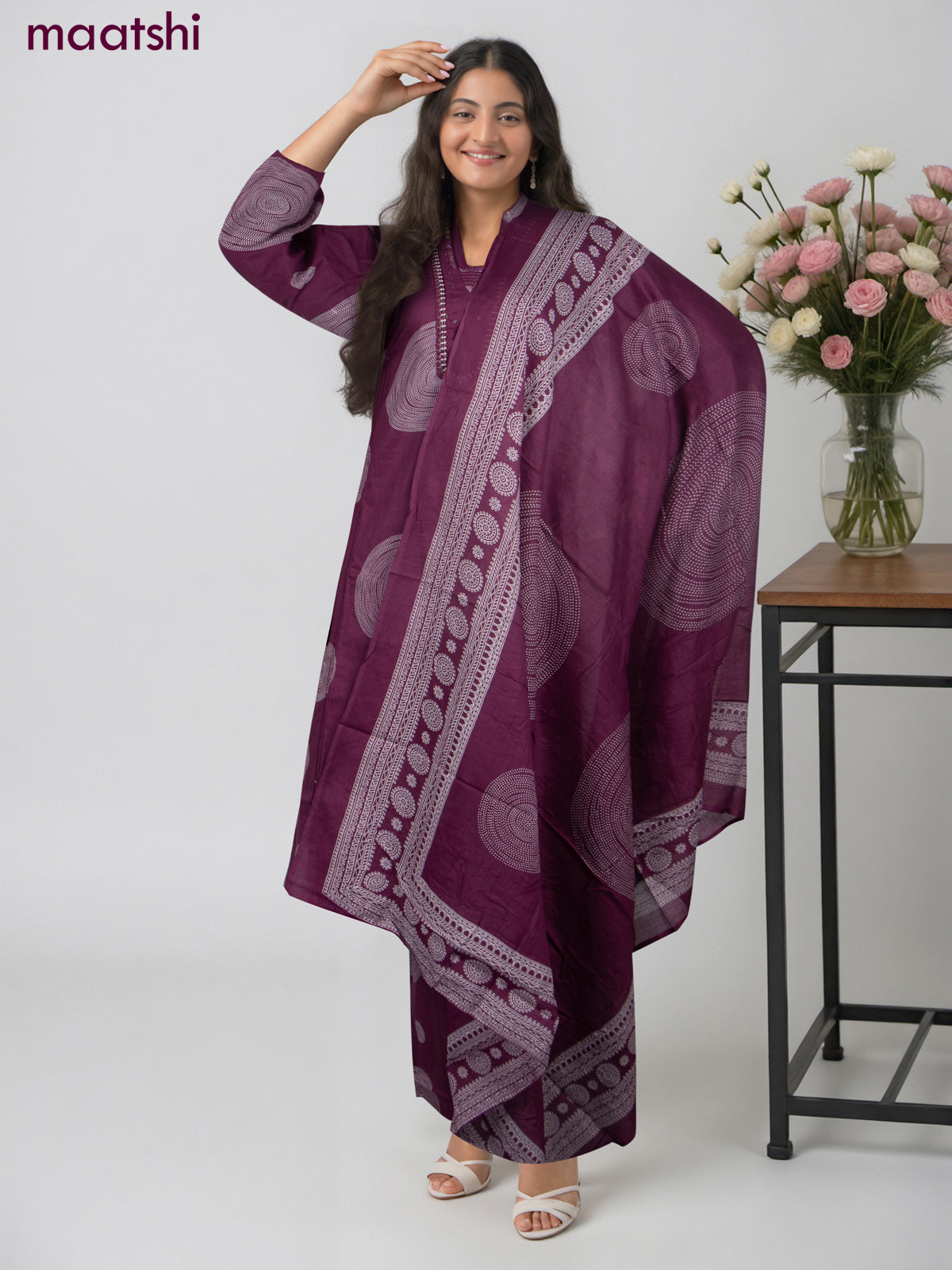 Cotton salwar suit dark magenta with prints & embroidery mirror work neck pattern and straight cut pant & dupatta