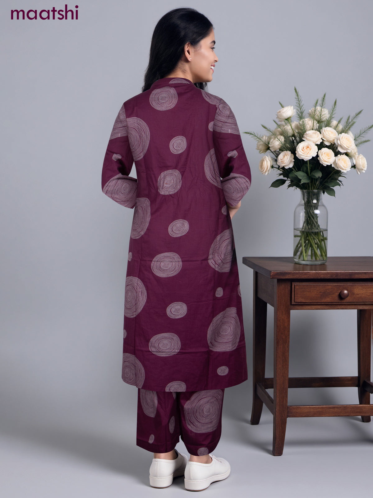Cotton salwar suit dark magenta with prints & embroidery mirror work neck pattern and straight cut pant & dupatta