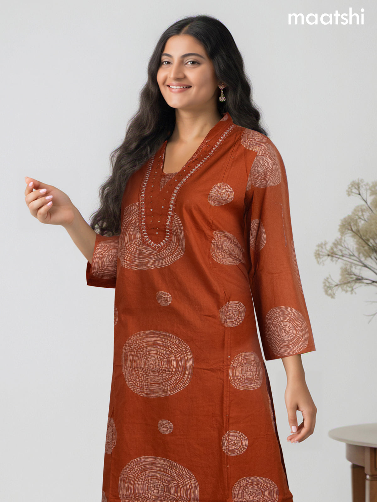 Cotton salwar suit rust shade with prints & embroidery mirror work neck pattern and straight cut pant & dupatta