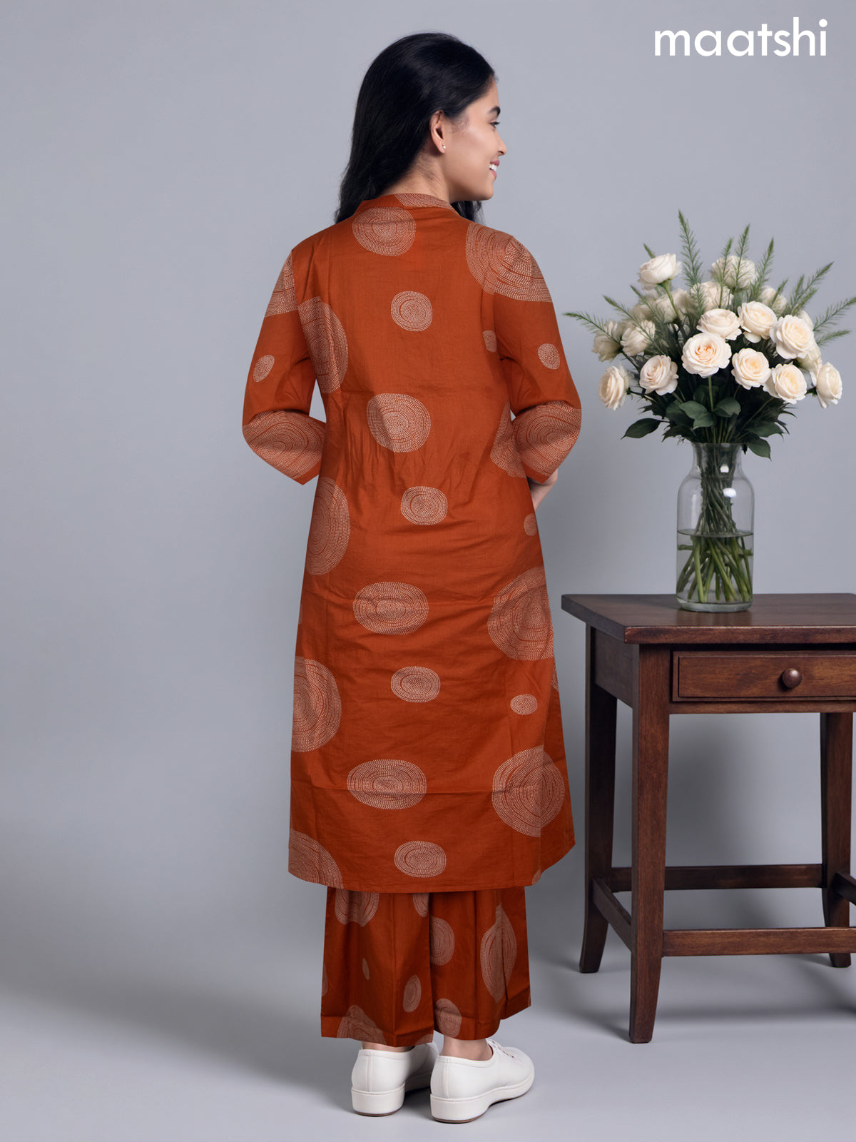 Cotton salwar suit rust shade with prints & embroidery mirror work neck pattern and straight cut pant & dupatta