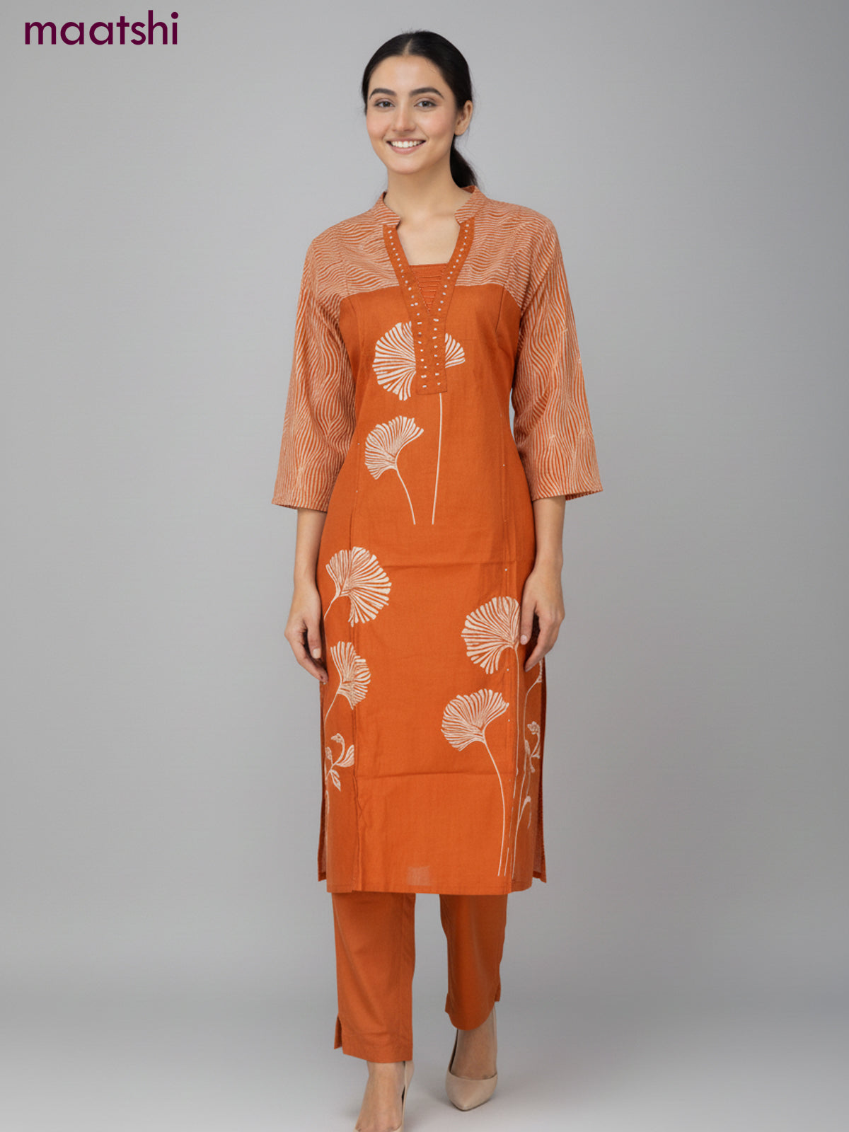 Cotton salwar suit rust shade with prints & sequin beaded work neck pattern and straight cut pant & dupatta