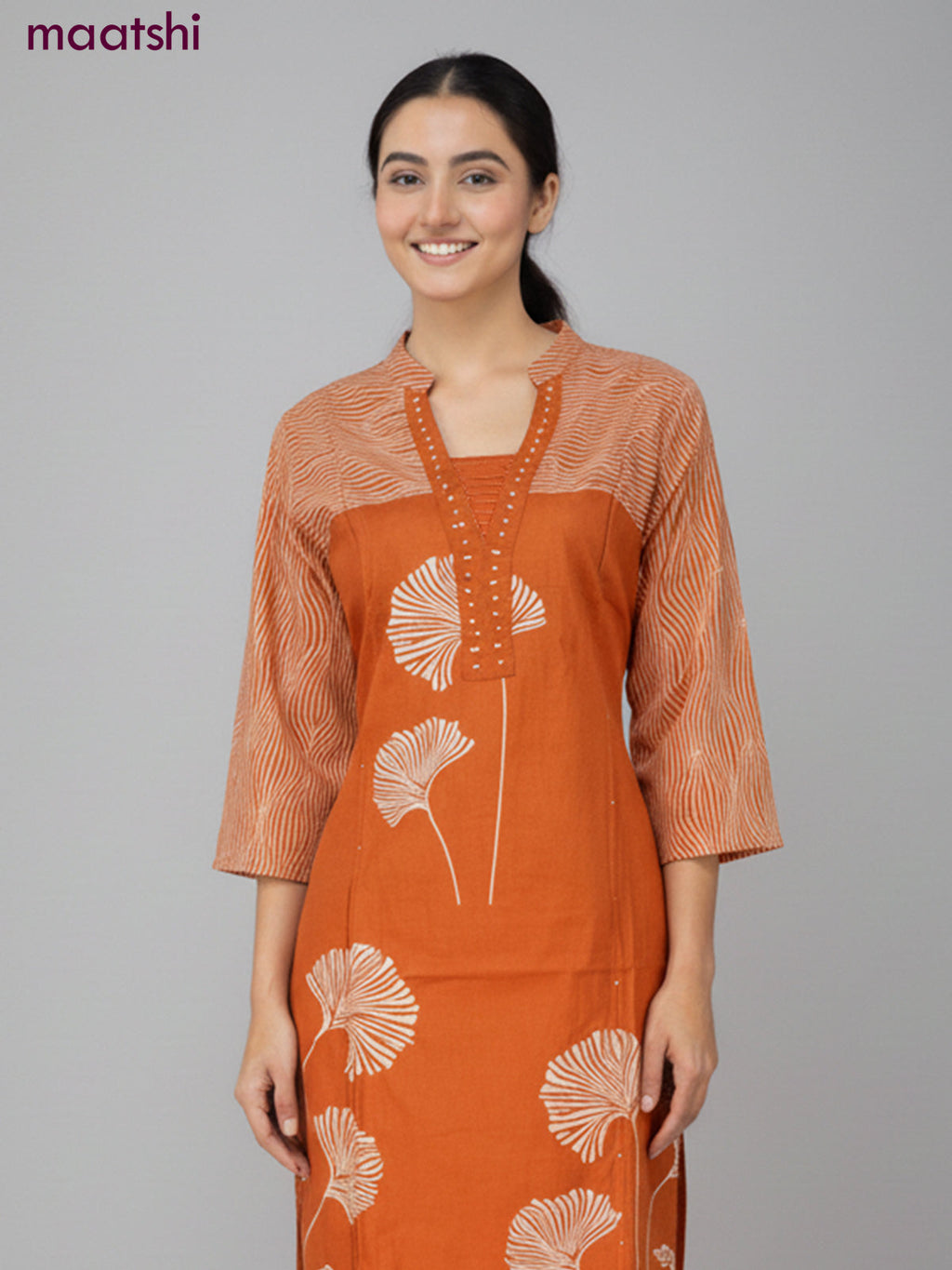 Cotton salwar suit rust shade with prints & sequin beaded work neck pattern and straight cut pant & dupatta