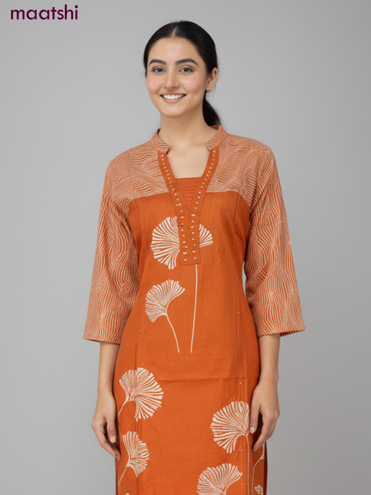 Cotton salwar suit rust shade with prints & sequin beaded work neck pattern and straight cut pant & dupatta