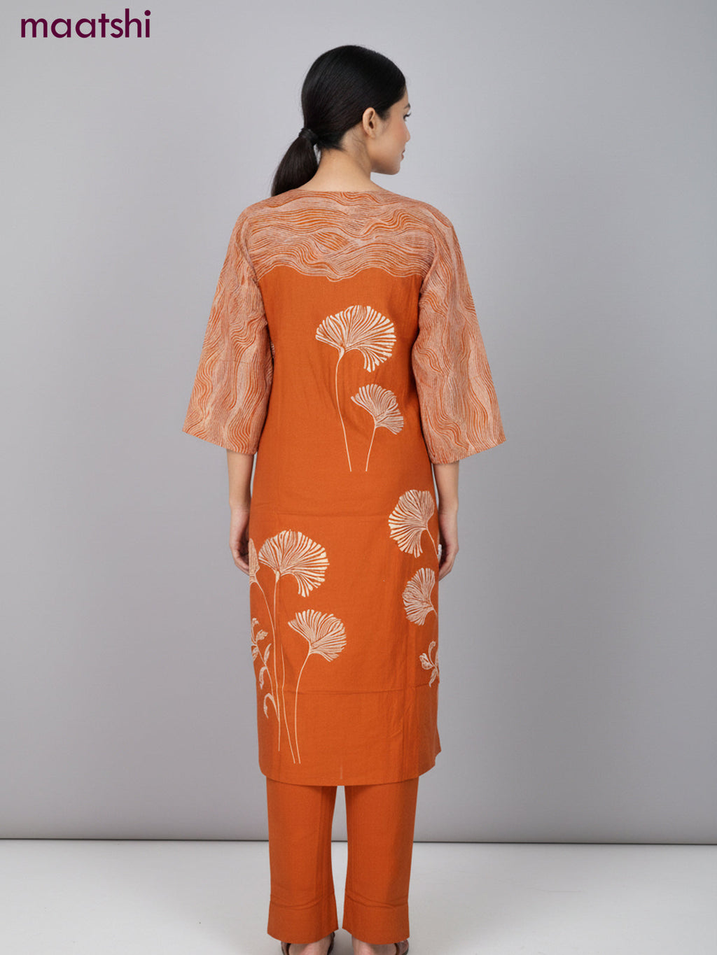 Cotton salwar suit rust shade with prints & sequin beaded work neck pattern and straight cut pant & dupatta
