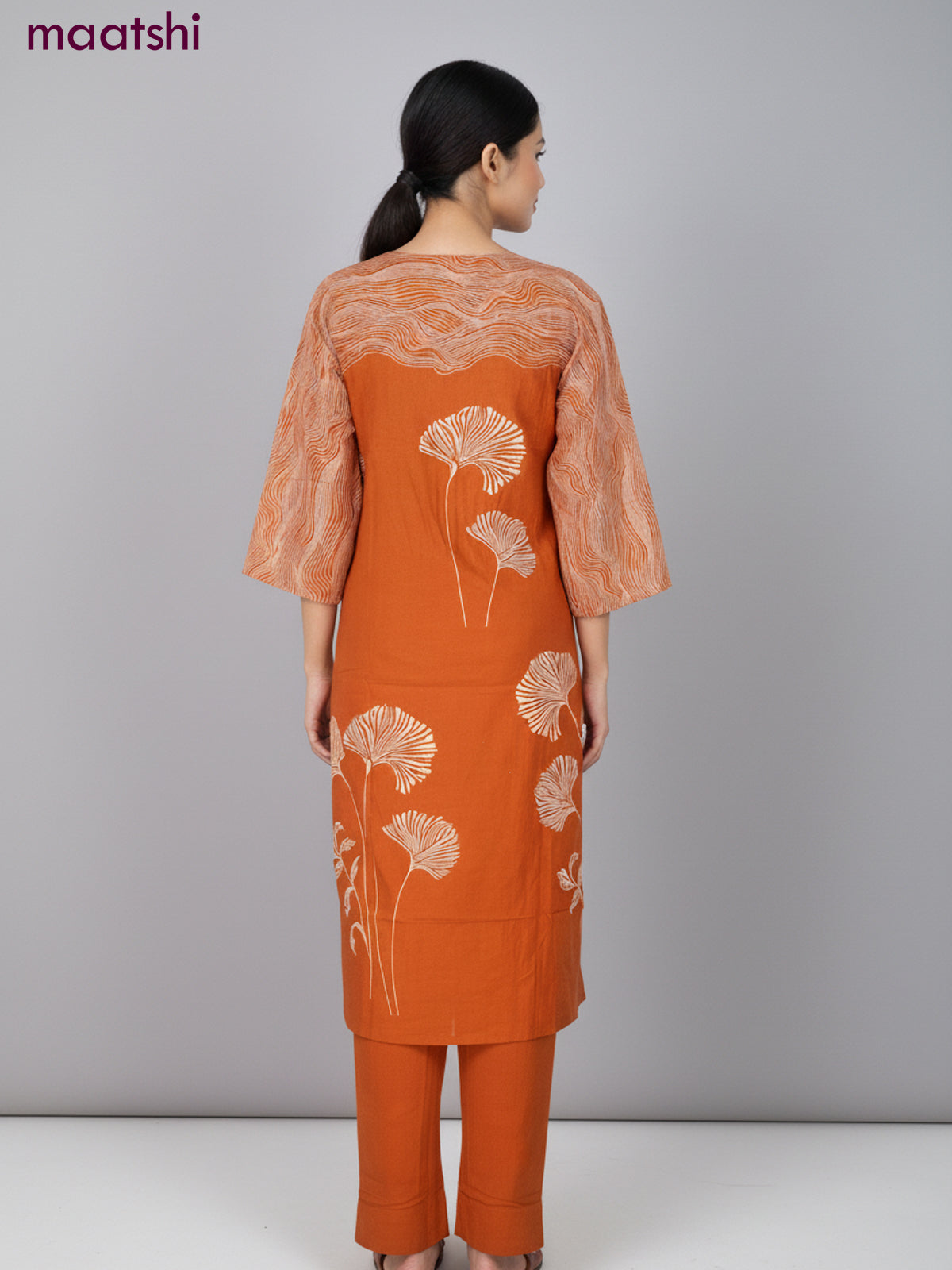 Cotton salwar suit rust shade with prints & sequin beaded work neck pattern and straight cut pant & dupatta