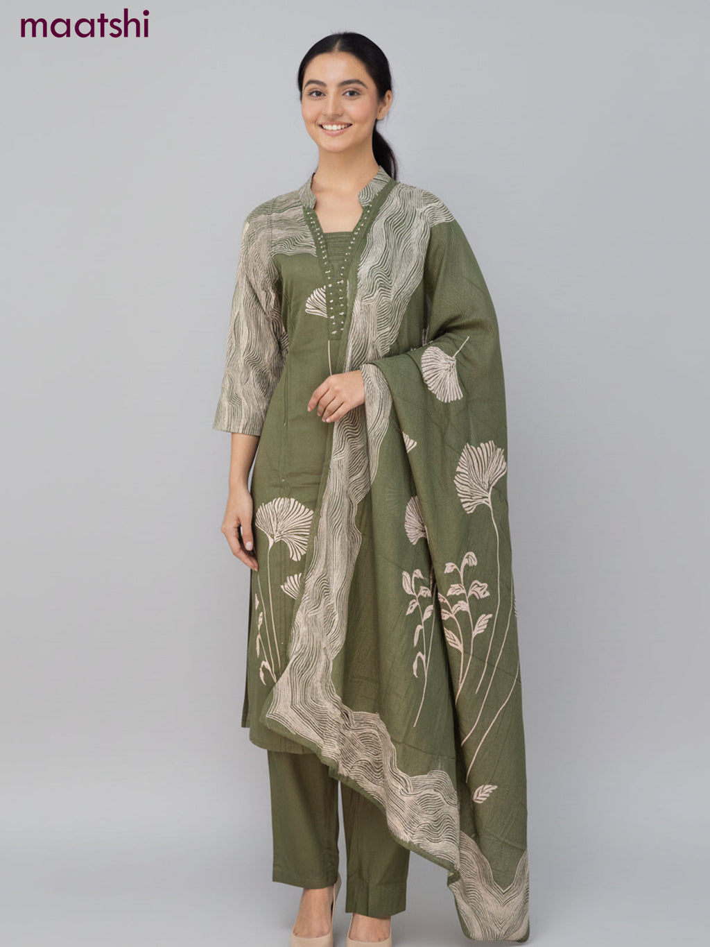 Cotton salwar suit sap green with prints & sequin beaded work neck pattern and straight cut pant & dupatta