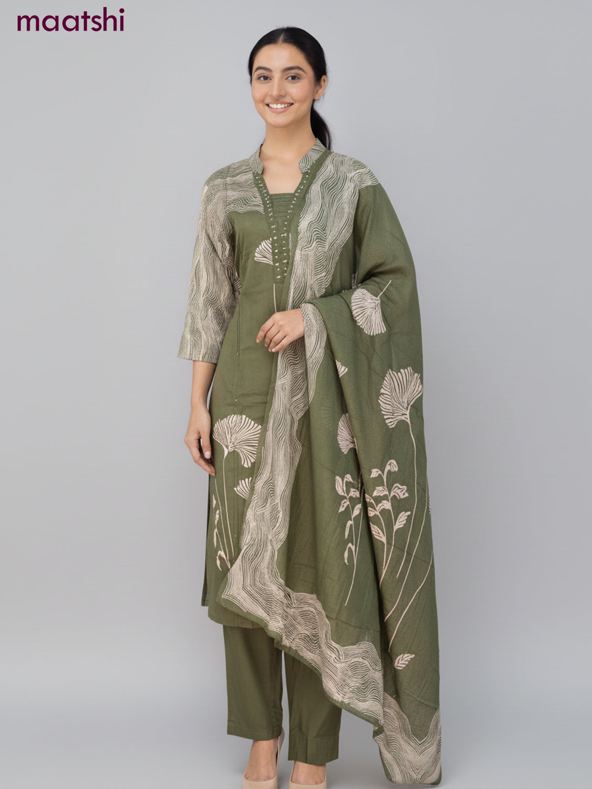 Cotton salwar suit sap green with prints & sequin beaded work neck pattern and straight cut pant & dupatta