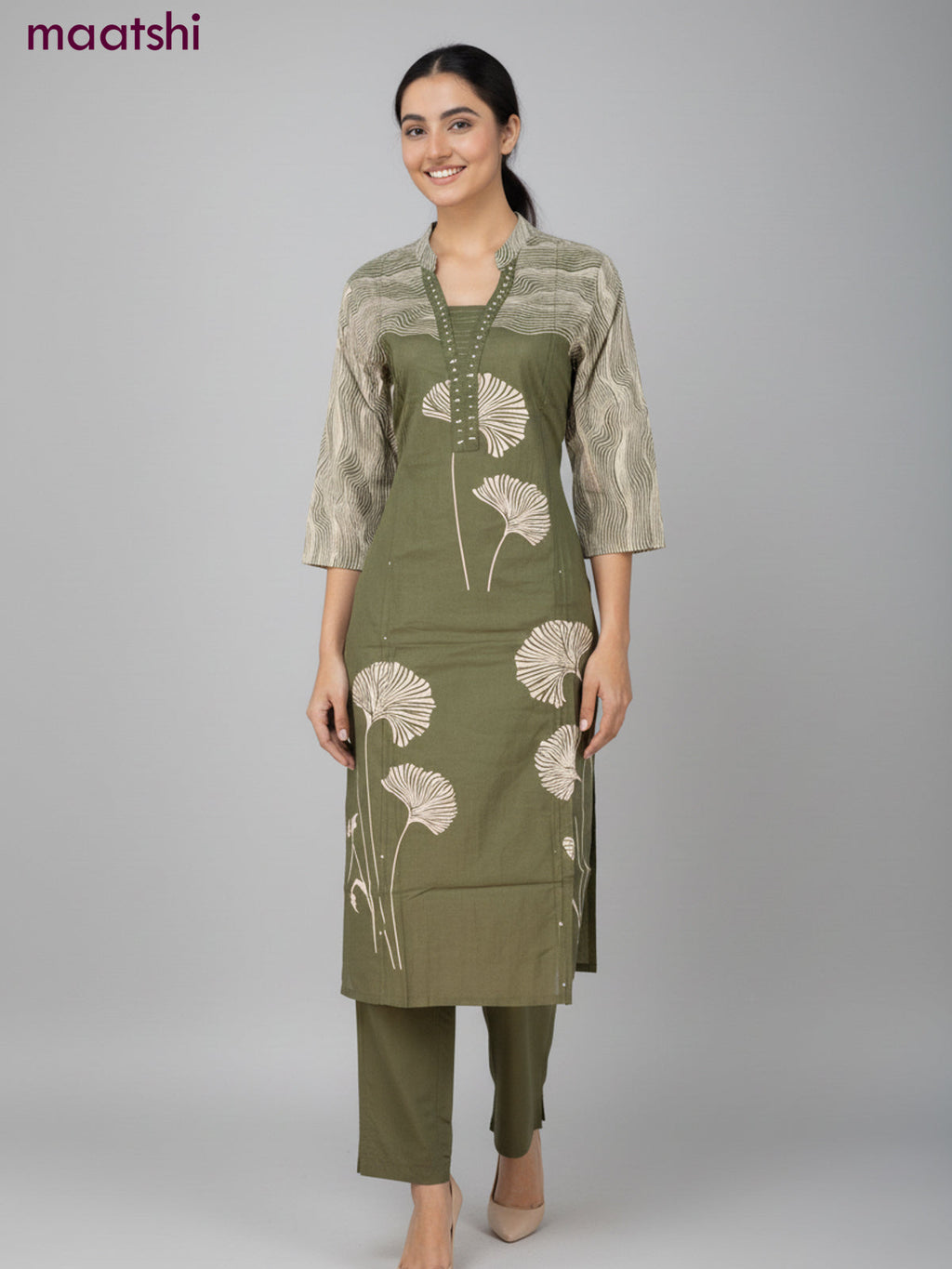 Cotton salwar suit sap green with prints & sequin beaded work neck pattern and straight cut pant & dupatta