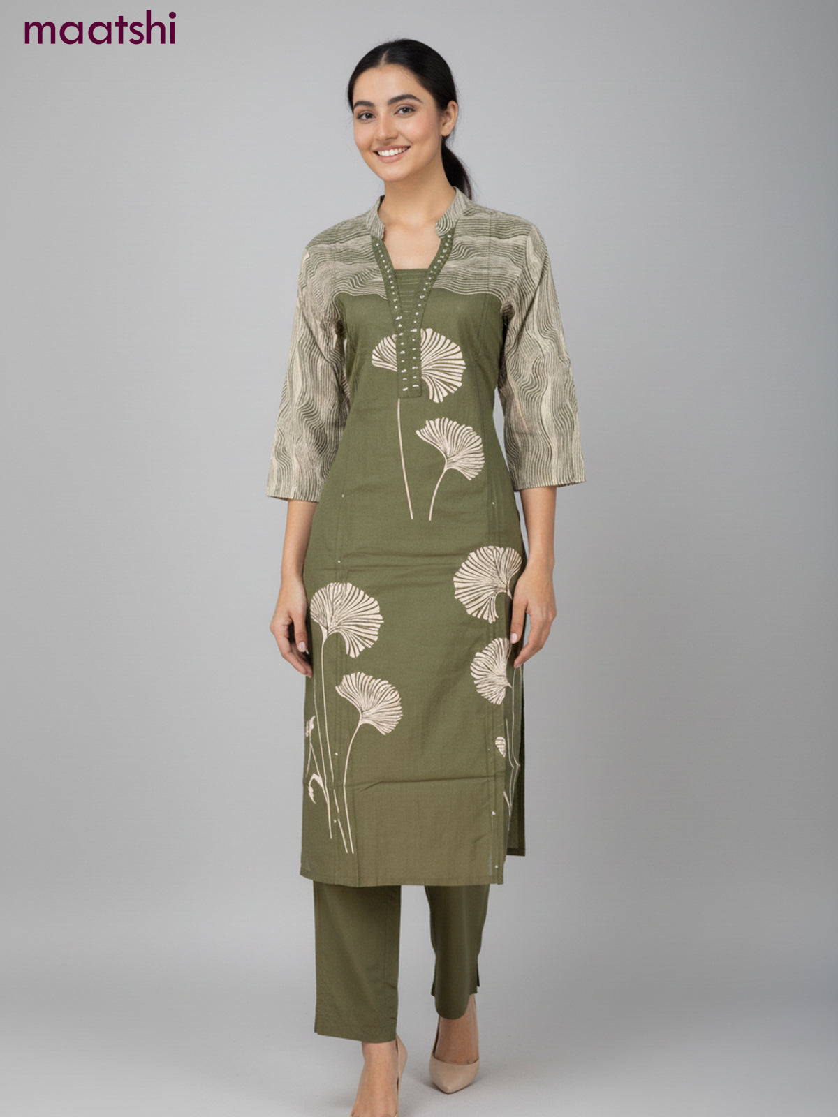 Cotton salwar suit sap green with prints & sequin beaded work neck pattern and straight cut pant & dupatta