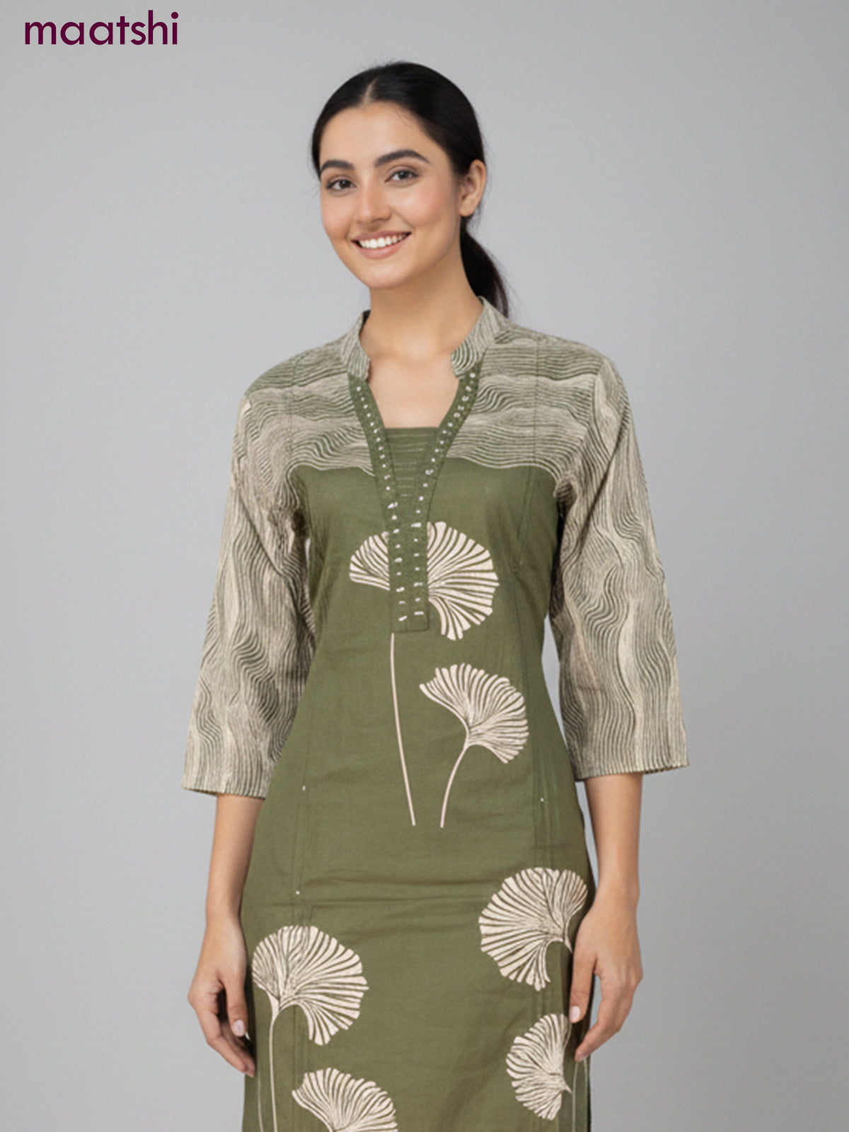 Cotton salwar suit sap green with prints & sequin beaded work neck pattern and straight cut pant & dupatta