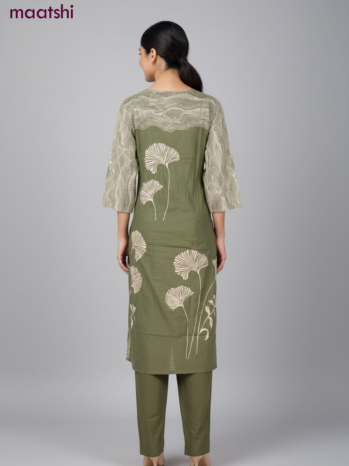 Cotton salwar suit sap green with prints & sequin beaded work neck pattern and straight cut pant & dupatta