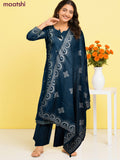 Cotton salwar suit peacock blue with prints & embroidery work neck pattern and palazzo pant & dupatta