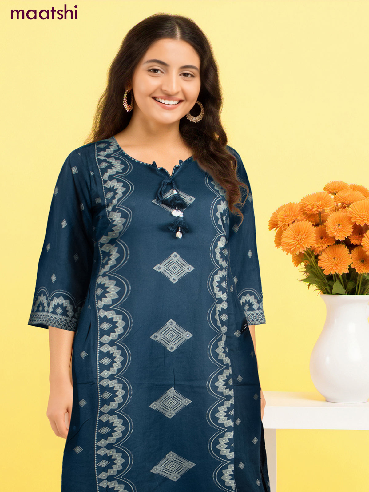 Cotton salwar suit peacock blue with prints & embroidery work neck pattern and palazzo pant & dupatta