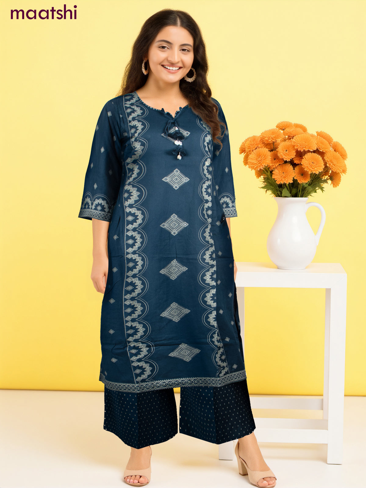 Cotton salwar suit peacock blue with prints & embroidery work neck pattern and palazzo pant & dupatta