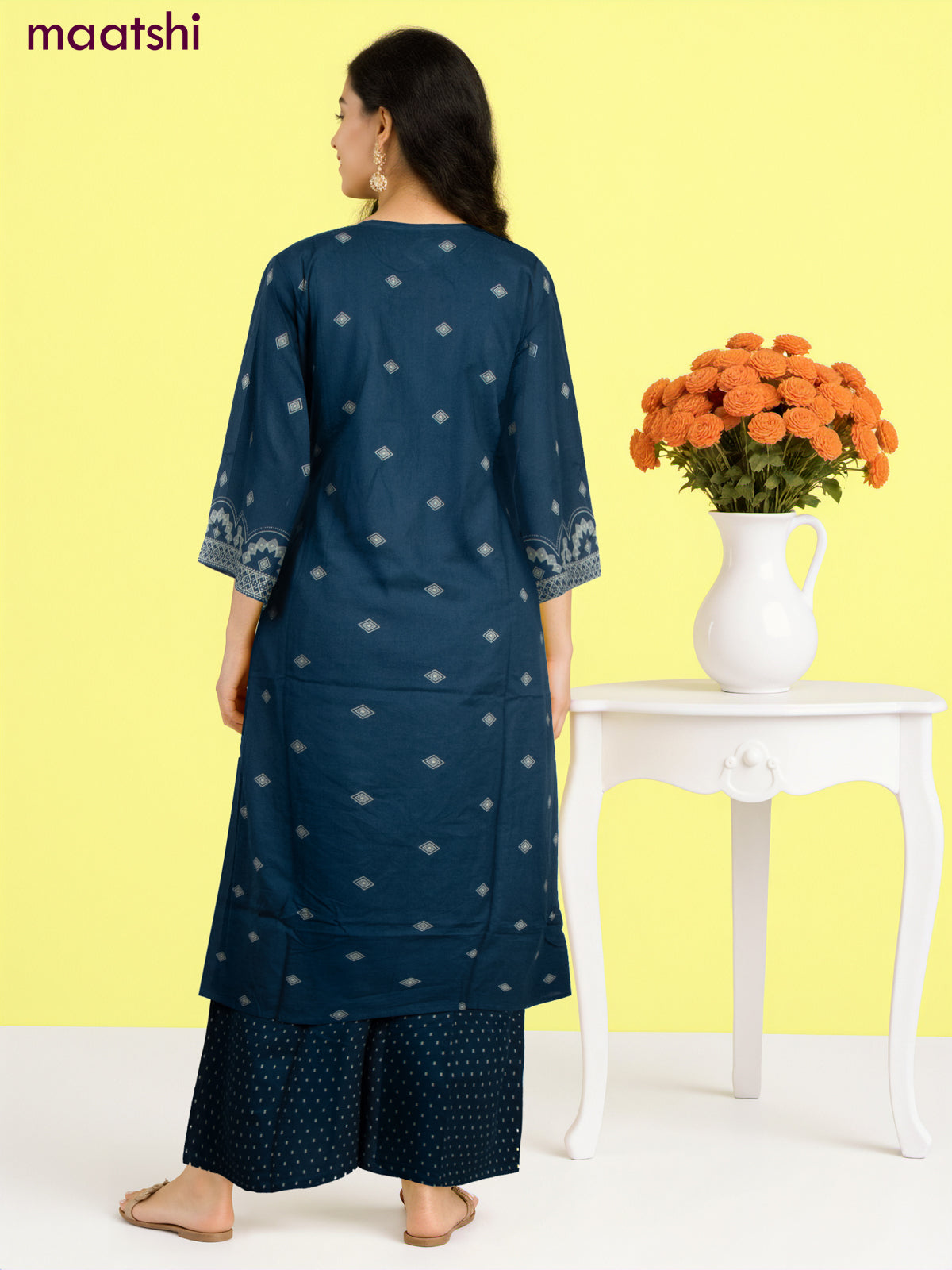 Cotton salwar suit peacock blue with prints & embroidery work neck pattern and palazzo pant & dupatta
