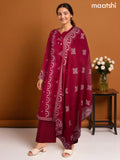 Cotton salwar suit dark pink with prints & embroidery work neck pattern and palazzo pant & dupatta