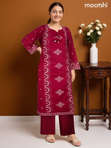 Cotton salwar suit dark pink with prints & embroidery work neck pattern and palazzo pant & dupatta