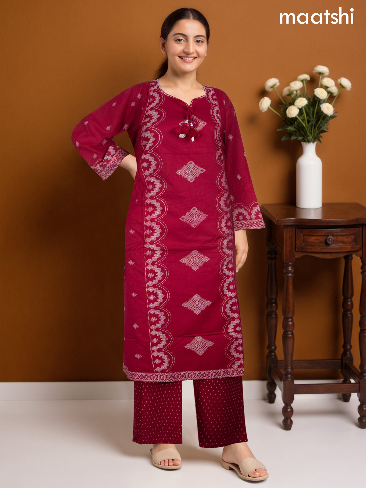 Cotton salwar suit dark pink with prints & embroidery work neck pattern and palazzo pant & dupatta