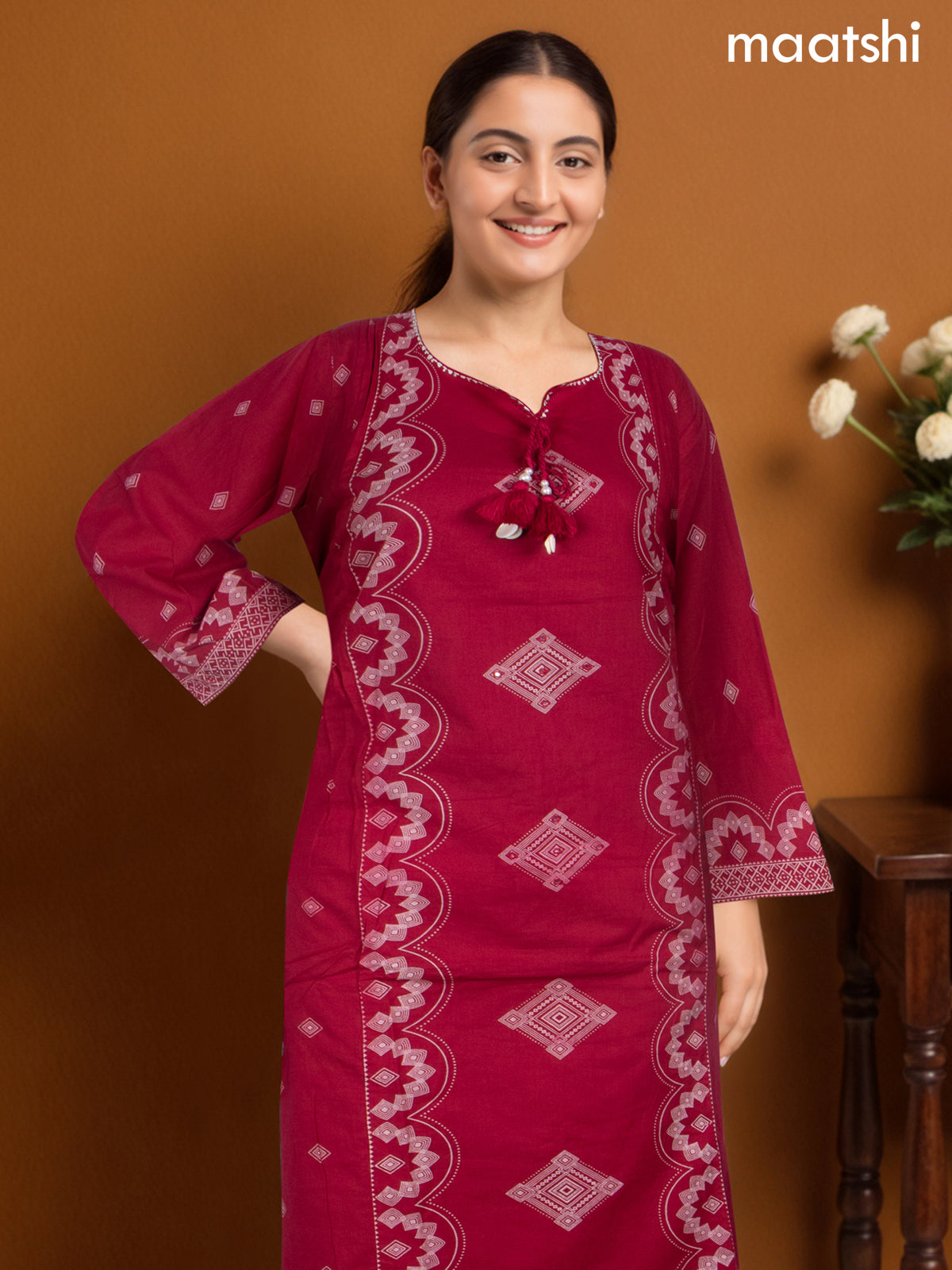 Cotton salwar suit dark pink with prints & embroidery work neck pattern and palazzo pant & dupatta