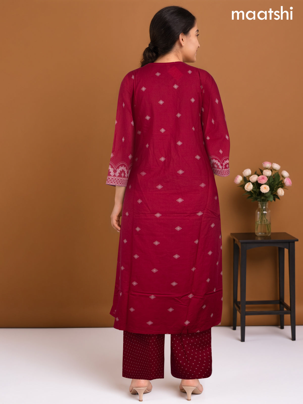 Cotton salwar suit dark pink with prints & embroidery work neck pattern and palazzo pant & dupatta