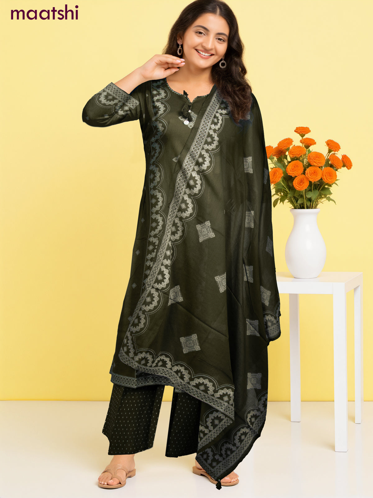 Cotton salwar suit sap green with prints & embroidery work neck pattern and palazzo pant & dupatta