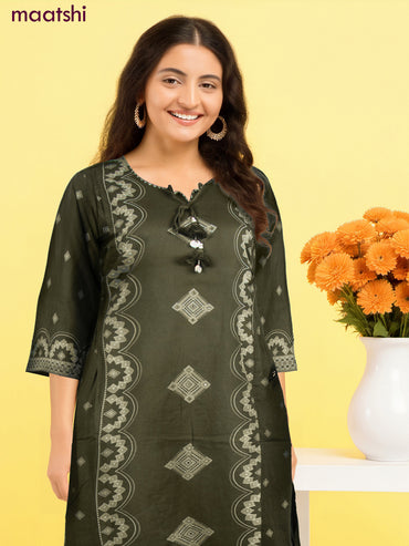 Cotton salwar suit sap green with prints & embroidery work neck pattern and palazzo pant & dupatta