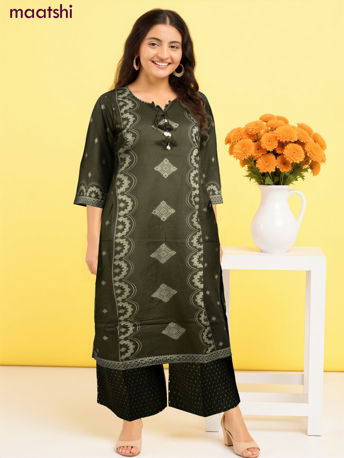 Cotton salwar suit sap green with prints & embroidery work neck pattern and palazzo pant & dupatta