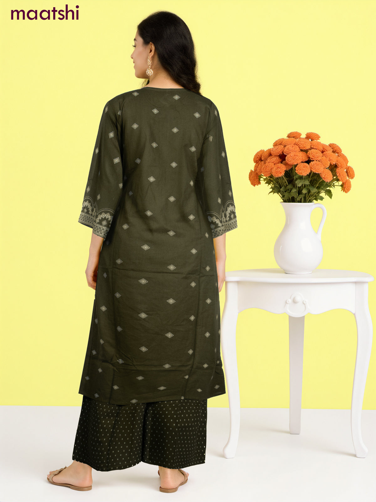 Cotton salwar suit sap green with prints & embroidery work neck pattern and palazzo pant & dupatta