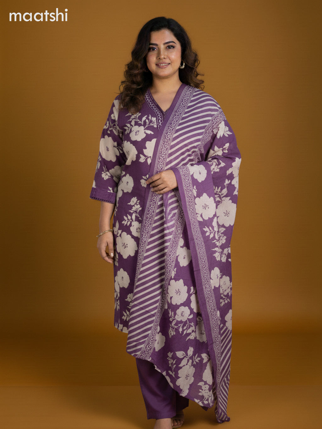 Purple and Cream Cotton Floral Printed Straight Suit