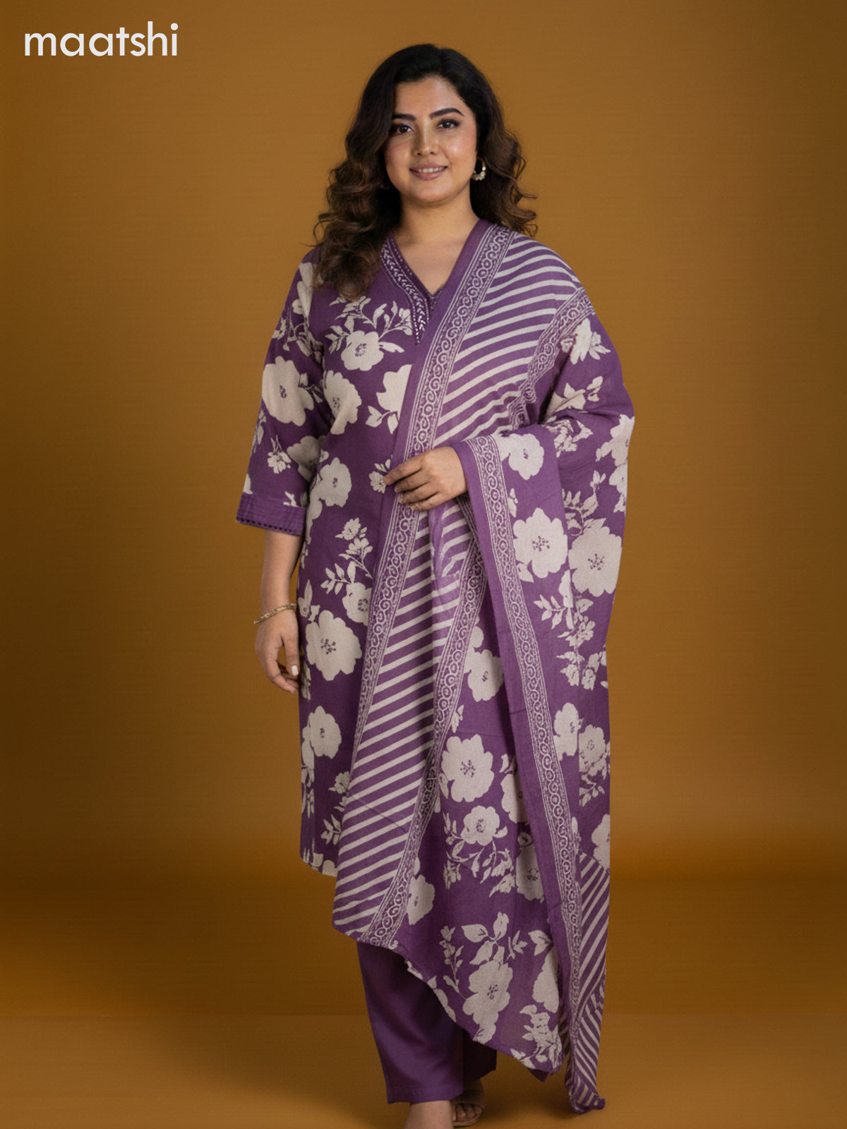 Purple and Cream Cotton Floral Printed Straight Suit