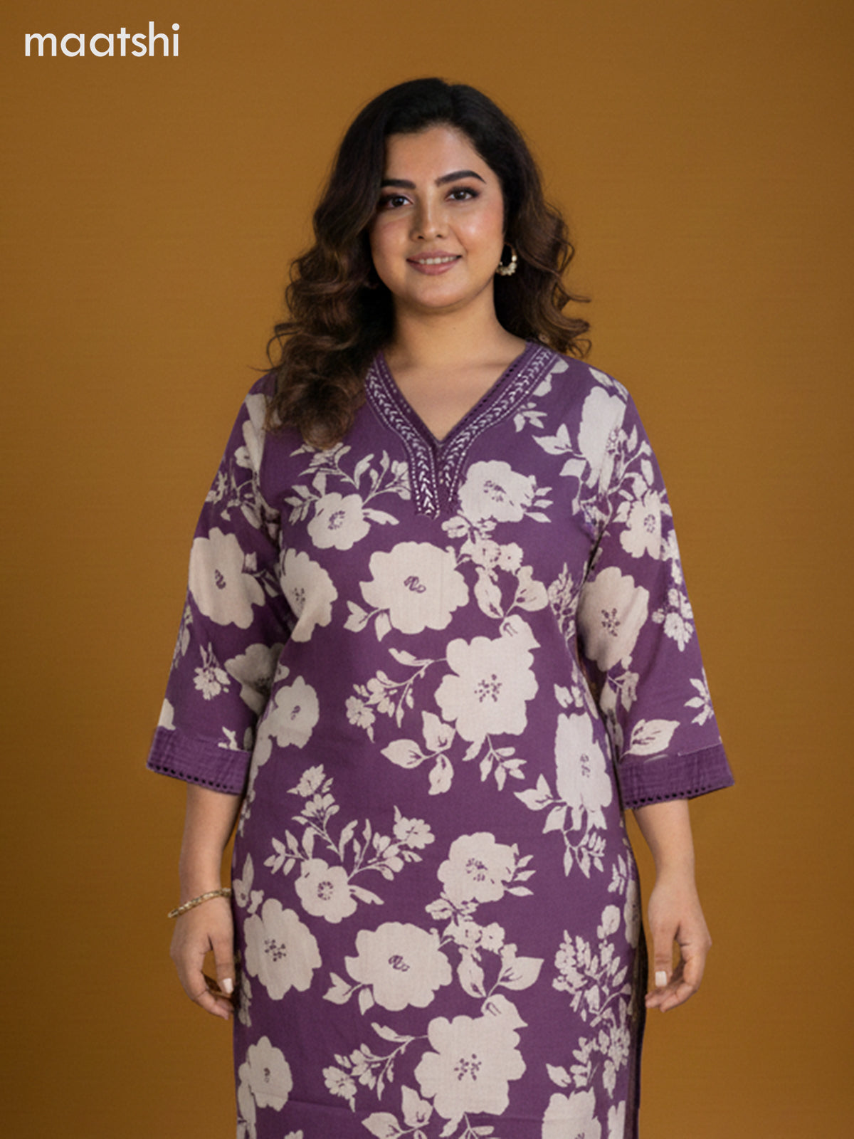 Purple and Cream Cotton Floral Printed Straight Suit