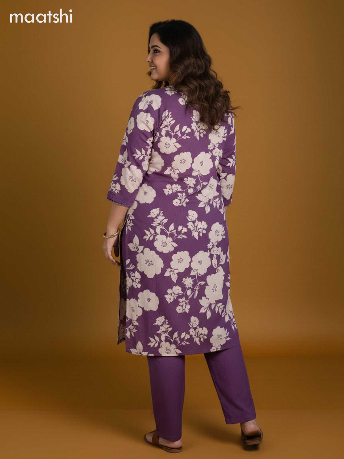 Purple and Cream Cotton Floral Printed Straight Suit