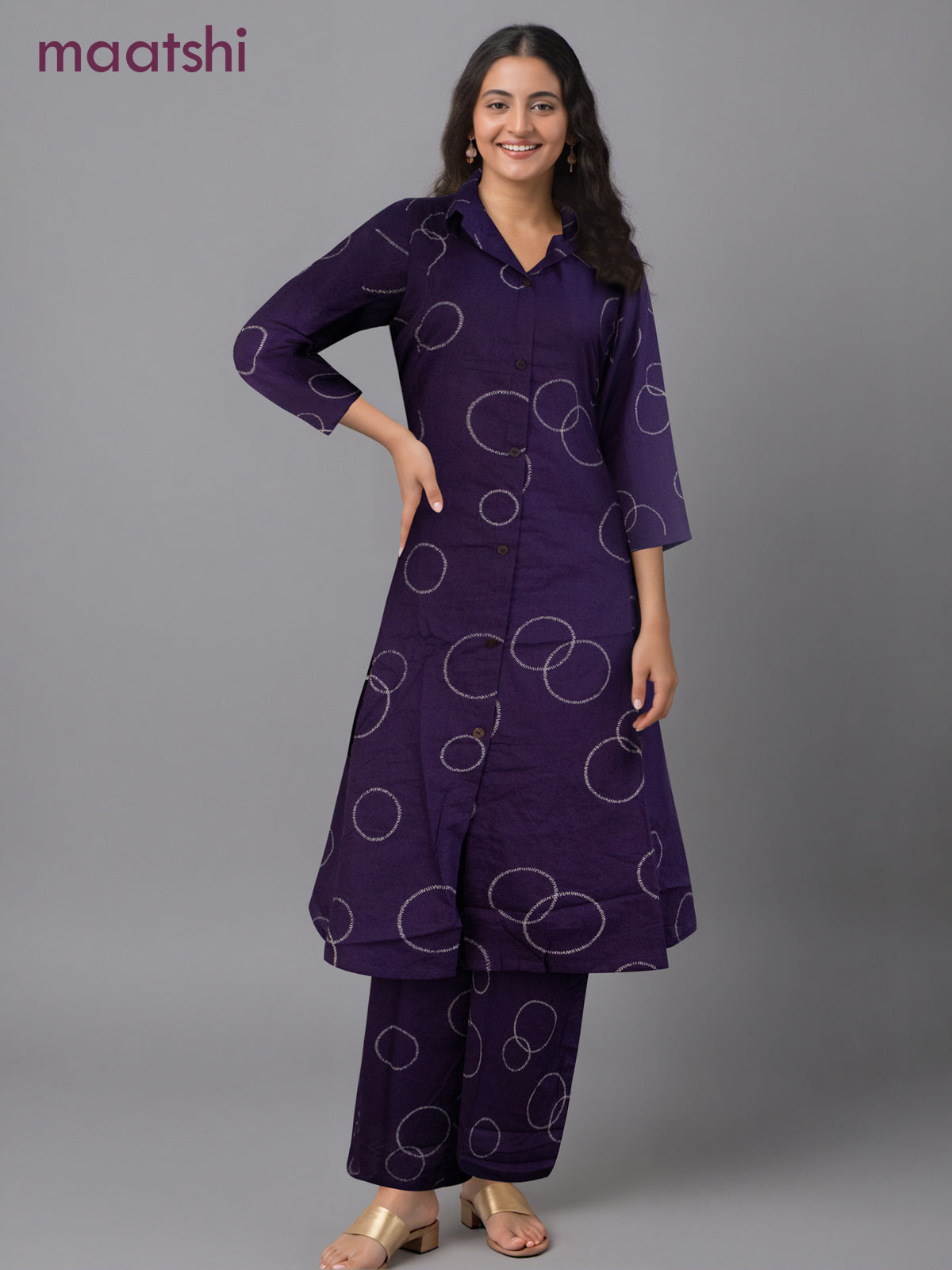 Cotton co-ord set violet with prints & collar neck pattern and palazzo pant