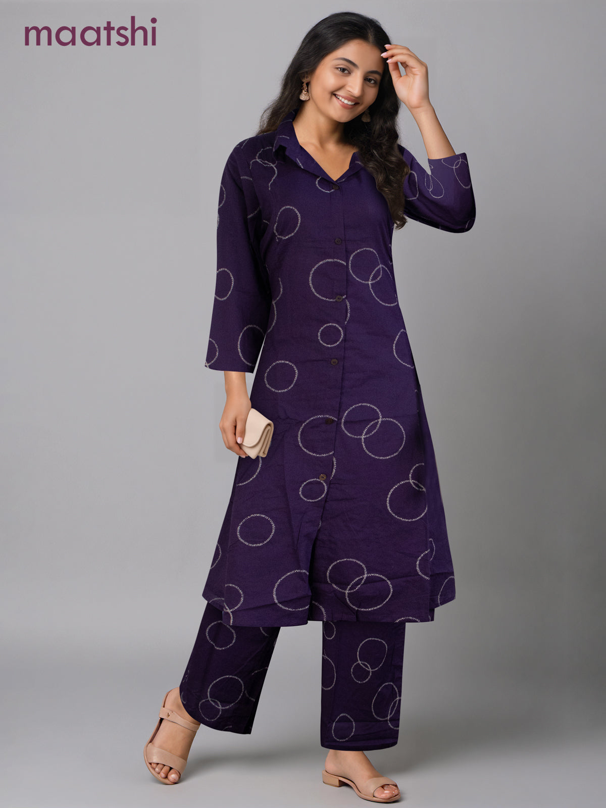 Cotton co-ord set violet with prints & collar neck pattern and palazzo pant