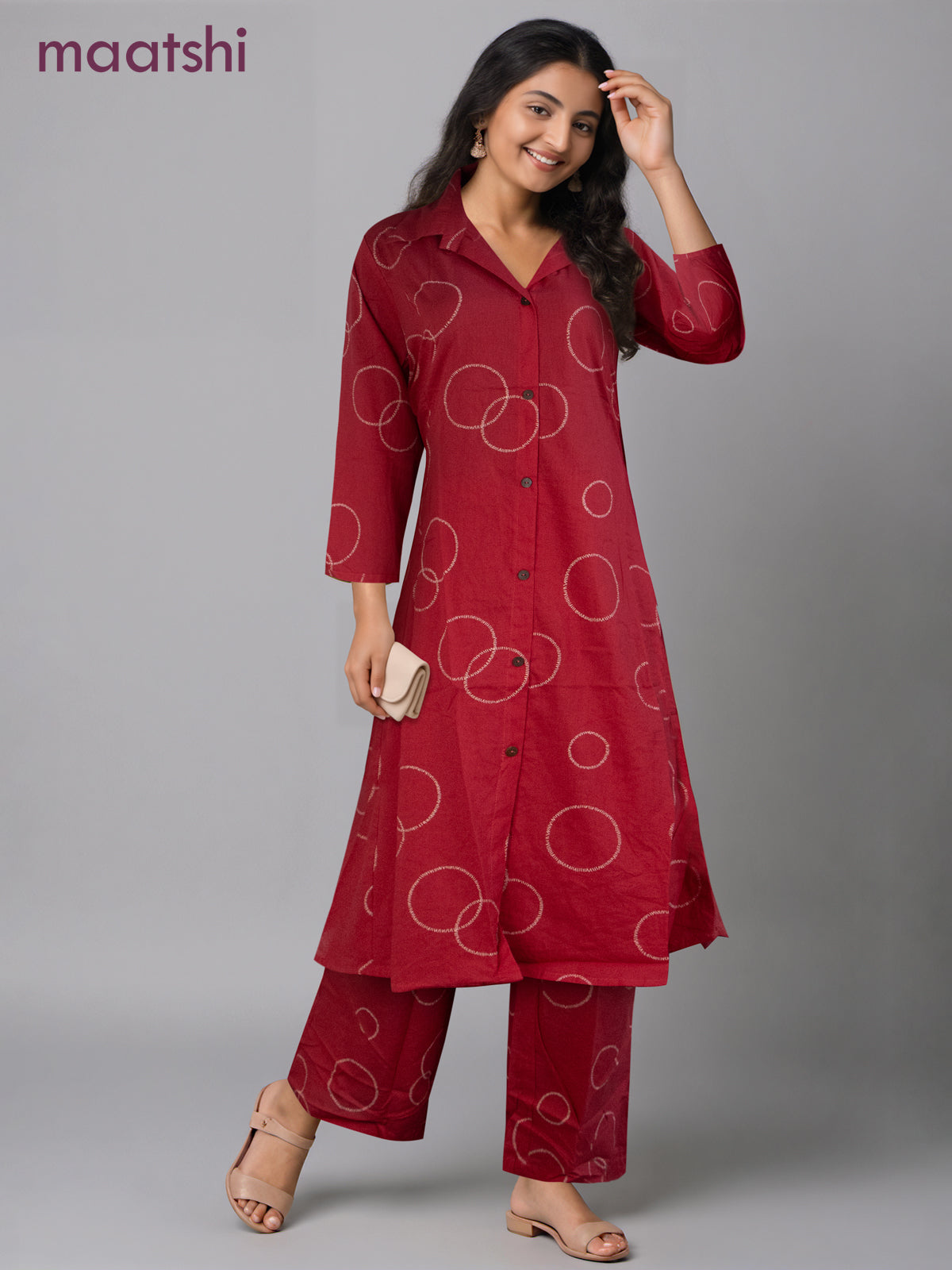 Cotton co-ord set pink with prints & collar neck pattern and palazzo pant