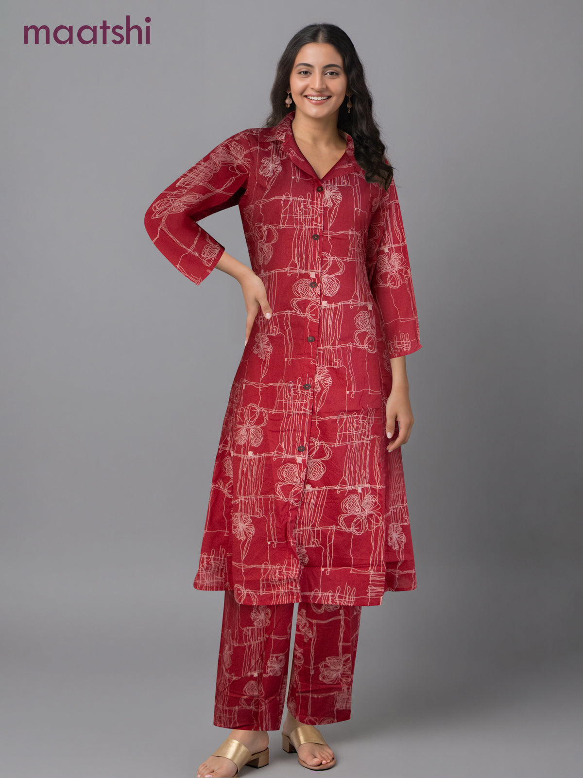 Cotton co-ord set pink with allover prints & collar neck pattern and palazzo pant