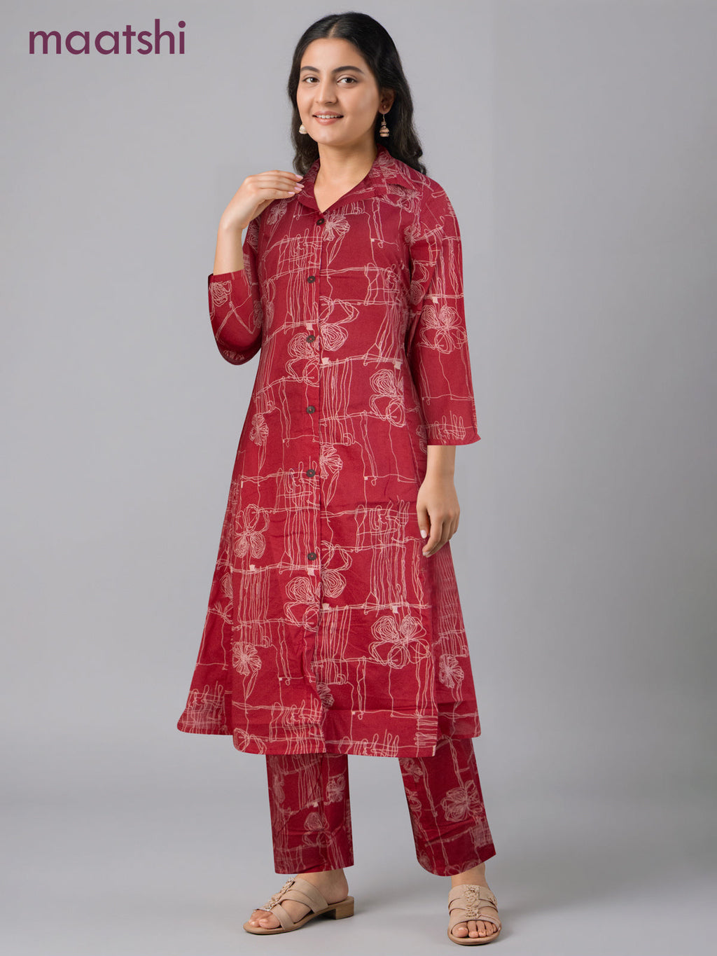 Cotton co-ord set pink with allover prints & collar neck pattern and palazzo pant